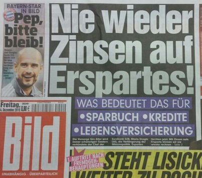 Das Bild zeigt die Titelseite der BILD zeitung Nie wieder Zinsen